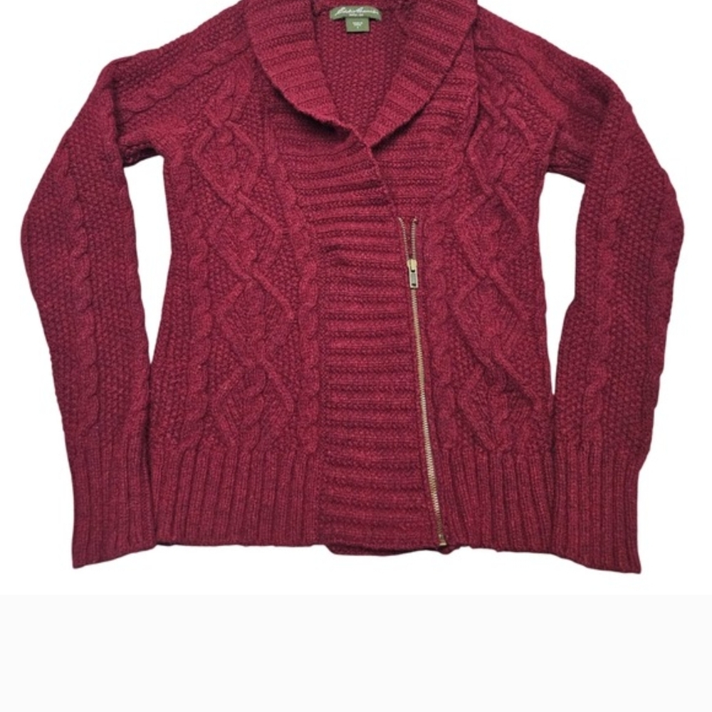 Eddie Bauer Cable Knit Shawl Collar Zip Cardigan - Wine